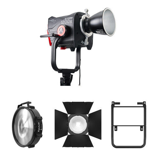 Aputure STORM 1200x Cine Kit with Skid Support, Fresnel, and Barndoors For Sale